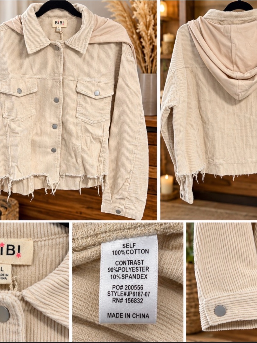BIBI Cream Corduroy Hooded Shacket Jacket Raw Hem Boho -NIB